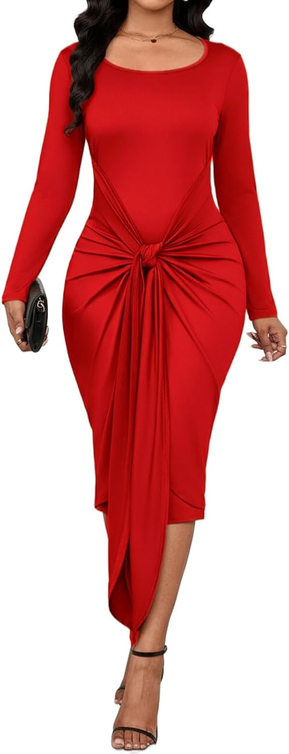 ENOPINK Fall Bodycon Dresses for Women 2026 Spring Long Sleeve Midi Dress Square Neck Party Club Wrap Long Dress