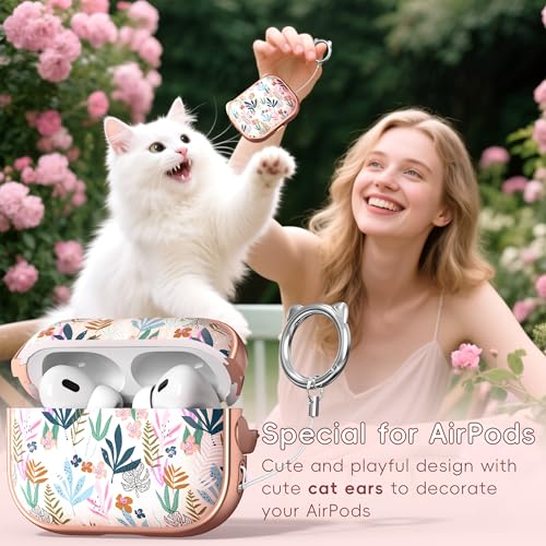 Image of for AirPods Pro 2 Case with Cleaning Kit, Cute Cat Ear Print Design & Cute Buckle for Girls, Phone Holder & Top Safe Lock Buckle Design for AirPods Pro 2nd /1st Gen case, Rose Gold Leaves