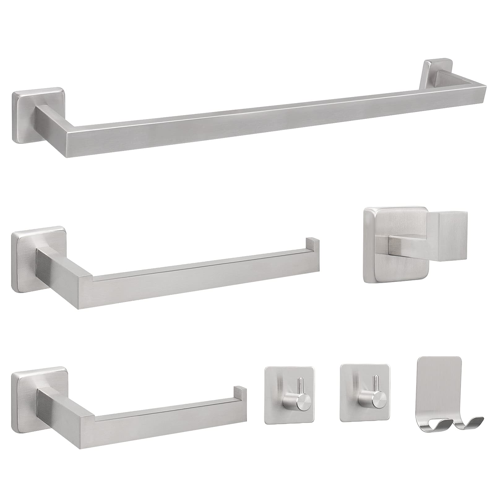 nearmoon 7 pieces bathroom hardware set 304 stainless steel-square towel rack set include 24" towel rod+ 10" hand towel bar+ toilet paper holder+ 4robe towel hooks bathroom accessories(brushed nickel)