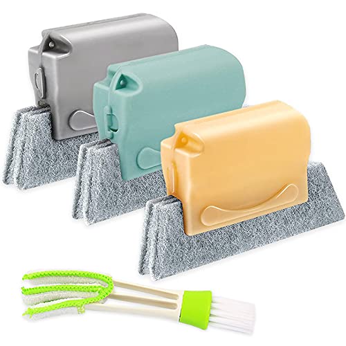 KEKU 4-Piece Door and Window Groove Cleaning Brush, Magic Hand-held Crevice Multi-Purpose Cleaning Tool, Sliding Brush Head, Suitable for Door, Window Sliding Rail Gap, Blinds, car Vents