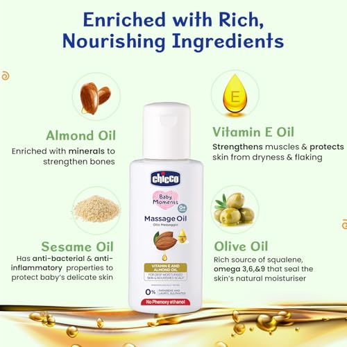 Image of Chicco Baby Moments Massage Oil, New Advanced Non-sticky & Moisturizing Formula with Natural Ingredients to Prevent Dryness, Suitable for Baby's Skin, Hair & Scalp, No Phenoxyethanol & Parabens (100ml)