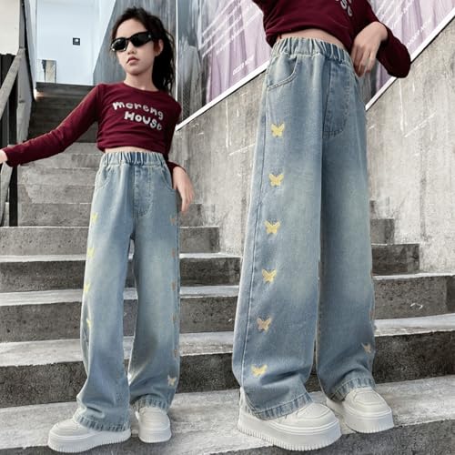 Baggy Jeans for Girls Embroidered Butterflies Adjustable Waist Wide Leg Pants Y2K Cute Jeans for Girls Distressed Washed3