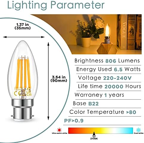 Dimmable B22 Bayonet Cap Light Bulbs, B22 Led Candle Bulb Warm White 2700K, LED Vintage Edison Filament 6.5W Energy Saving Lightbulbs Equivalent 60 Watt Incandescent for Chandeliers, 800LM, Pack of 6