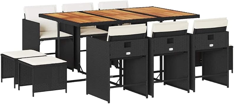 11 Piece Garden Dining Set, Large Poly Rattan Patio Furniture with Rectangular Table and 10 Foldable Chairs, Black and Brown Outdoor Dining Set for Backyard, Deck and Porch