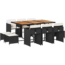 11 Piece Garden Dining Set, Large Poly Rattan Patio Furniture with Rectangular Table and 10 Foldable Chairs, Black and Brown Outdoor Dining Set for Backyard, Deck and Porch