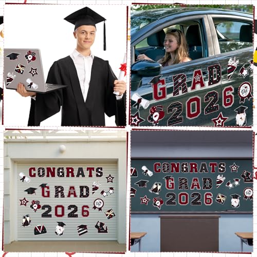 Image of Landhoow 30 Pcs Graduation Car Magnets 2026 Senior Graduation Car Decoration Bumper Sticker Congrats Grad Magnet Magnetic Refrigerator Decal for Grad Parade Party Supplies (Maroon /Burgundy, Black)