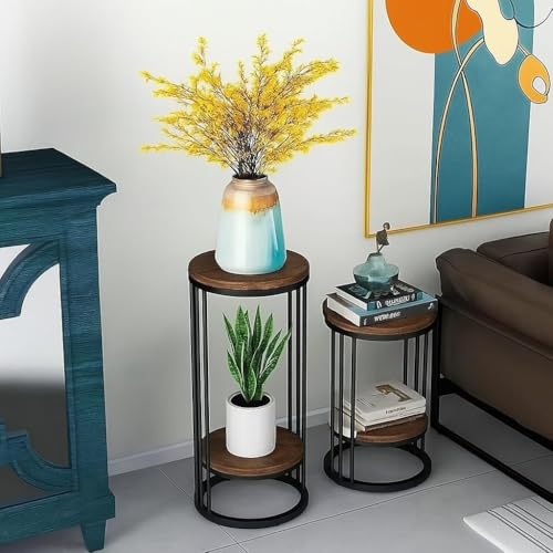 Image of ETIQUETTE ART 2-Tier End Tables, Modern Faux Marble Top Bedside Table End Table with Storage Shelf for Home & Living Room Side & Corner Table Sofa End Table (Brown Set of 2)