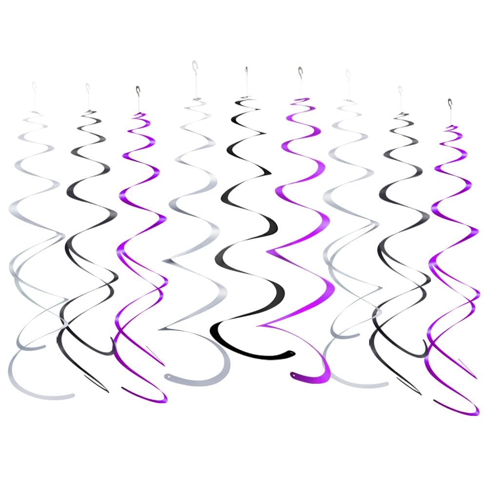 MOWO Purple Black and Silver Foil Swirl Hanging Decoration Streamer for Birthday Graduation Wedding Party Supplies, Pack of 21