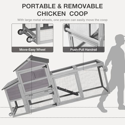 Chicken Coop for Outdoor - Poultry Cage with Wheels, Nesting Box, Leakproof Pull-on Tray, and Asphalt Waterproof Roof - Grey