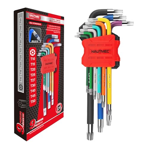 HAUTMEC 9PCS Torx Star Key Set T10-T50 Star Allen Wrench with Visible Size Coding CR-V Steel Drilled Tips & Non-Slip Colorful Handles for Automotive Bike Furniture Repair