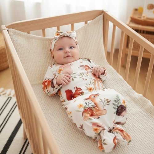 Image of AMAWMW Newborn Baby Boys Girls Cartoon Sleeper Gown Long Sleeve Mountain Nightgown Hat Outfits