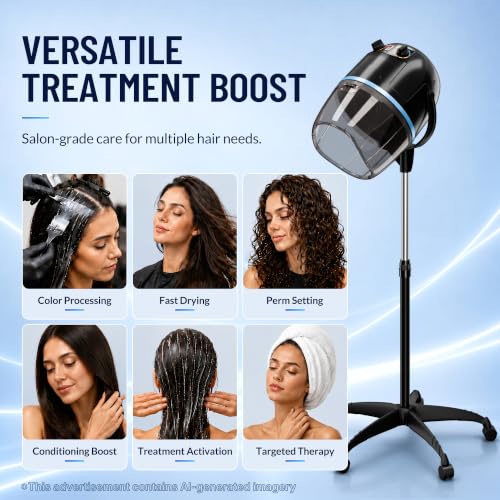 Image of ZENY Professional Stand Up Hair Dryer, 1300W Bonnet Dryer Adjustable Height | Stand Up, Rolling Wheels, Adjustable Time and Temperature Setting, Low Noise