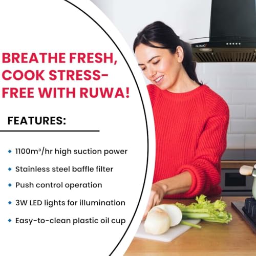 RUWA DOVE 60cm Wall Mount Kitchen Chimney | 1100 m³/hr Suction | Stainless Steel Baffle Filter | Push Button Controls | 3W LED Lights | Plastic Oil... - Image 7