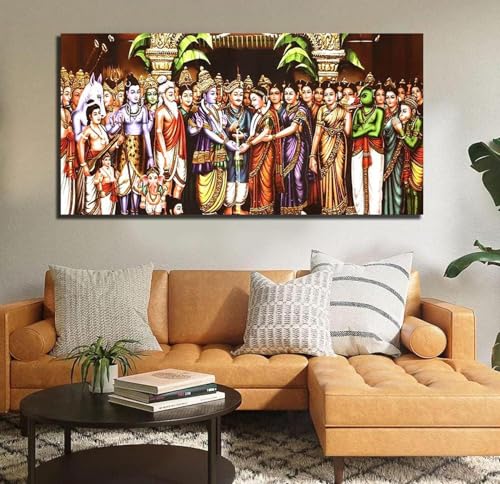 Image of AADEE CRAFT Srinivasa Kalyanam Wall Canvas Painting Big Size With Wooden Framed For Living Room Bedroom, Shri Ram & Mata Sita Swayamber Wall Art For Home Decor Office Walls Size Large (48x24 inches)