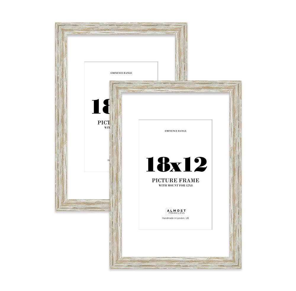 18x12" Distressed White Oak Picture Frame with 12x8" Mount - Weathered Photo Frame with Distressed Finish, Wall Hooks, 32mm Edge - 2 Pack