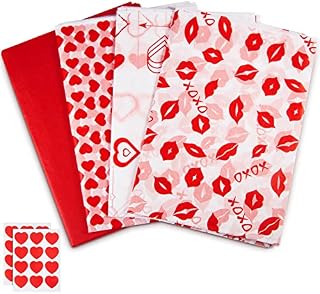 70 x 50 cm 24 Sheets Valentine's Day Red Tissue Paper Valentine Packing Paper Red Heart Wrapping Paper, 2 Sheets Valentine's Day Heart Stickers Heart Shape Envelope Stickers for Valentine DIY Craft