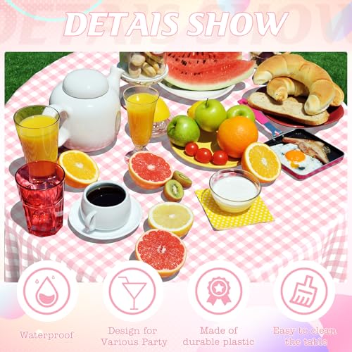 Image of 12 Pack Pink Gingham Tablecloth Round, Premium Decorative Disposable Pink and White Checkered Plaid Table Cloths for Parties, Round Party Table Cover for Picnic Farm Birthday Wedding Festivals, 84Inch