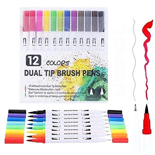 Image of Dudustrong Art Markers Dual Tips Coloring Brush Fineliner Color Water Based Marker Pens Set For Calligraphy Drawing Sketching Bullet Journal (Black,12)