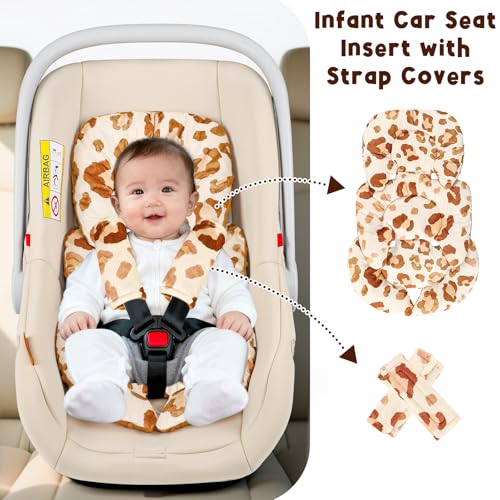 Image of Infant Car Seat Insert Head and Body Support, GFU Reversible Newborn Insert for Carseat With Strap Pads, Soft Stroller Cushion Pillow Insert for Boys and Girls, Fits for Stroller, Swing, Leopard Print