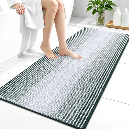 Image of OLANLY Bathroom Runner Rugs 44x24, Extra Soft Absorbent Chenille Striped Bath Rugs, Rubber Backing, Machine Wash Dry, Long Bath Mats for Bathroom, Tub, Shower, Home Decor Accessories, Blackish Green