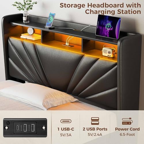 Image of Rolanstar Twin Size Bed Frame, Storage Headboard with Charging Station and LED Lights, Upholstered Bed with Heavy Duty Wood Slats, No Box Spring Needed, Noise Free, Easy Assembly, Black