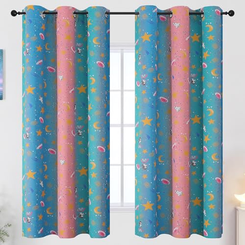 Image of Pink Teal and Blue Star & Moon Blackout Curtains for Girls Bedroom,38Wx63L