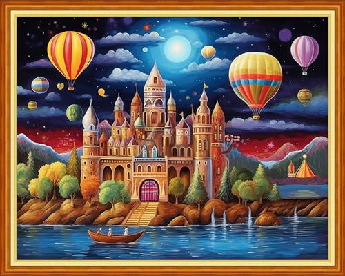 Image of Dimxvean Stamped Cross Stitch Kits,Cross Stitch Kits for Adults Beginners,Embroidery Kits Full Range of Cross Stitch Stamped Kits Needlepoint Kits Cross Stitch Patterns- Balloon Castle 16x20 inch