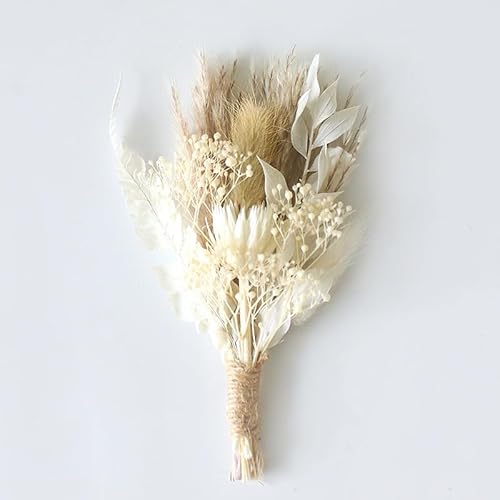 Dried Flower Bouquet,Mini Natural Corsage with Real Dried Gypsophila and Pampas DWUENT Handmade Boho Wedding Corsage,Bridesmaid Gift,Party Decoration in Cream & Beige (F)