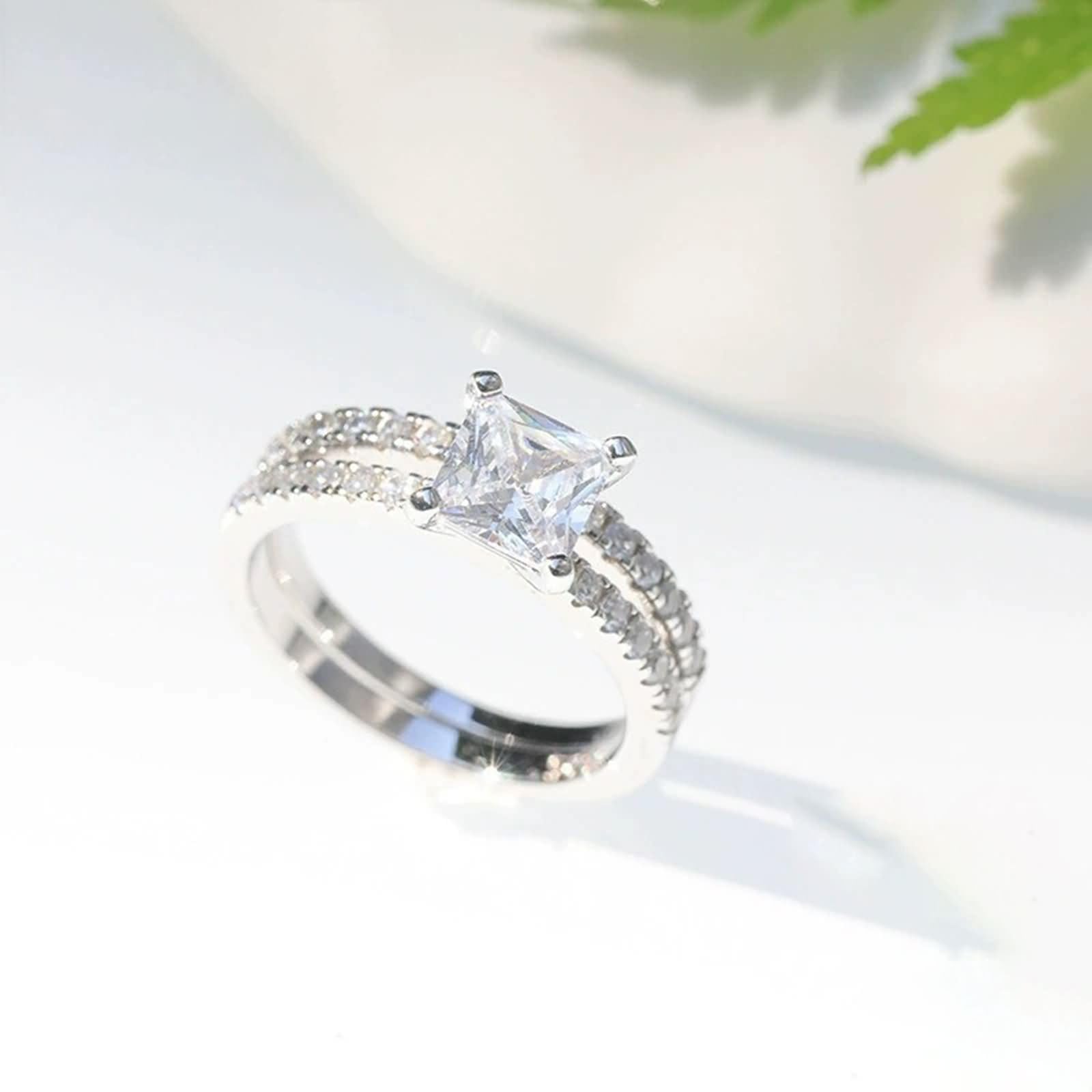Anillo de Plata de Ley 925 y Grabados Personalizados para Mujer, Set de Anillos Cuadrado 7x7MM con Circonita Anillos de Compromiso Oro para Mujer