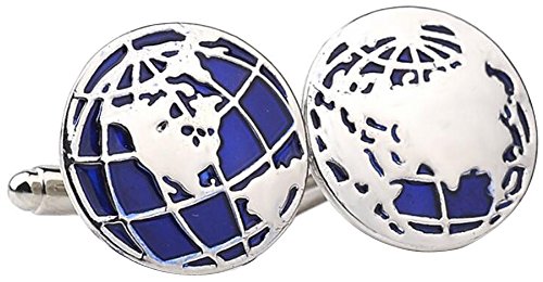 AZYOUNG Mens Silver Blue Alloy The World Map Globe Round Cufflinks Cuff Links