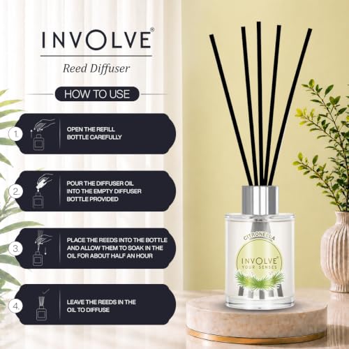 Image of Involve Pura Reed Diffuser Set (Pack of 2) - Lemongrass & Citronella - 120 ml | Oil Diffuser with Free 10 Reed Sticks | Room Freshener for Home, Bedroom | Gifts Set | New Home Gift Items Useful
