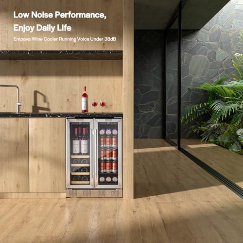 Image of Empava Dual Zone Wine Cooler and Beverage Refrigerator, Freestanding or Under Counter Fridge with Glass Door and LED Light, 78 Cans and 20 Bottles Capacity