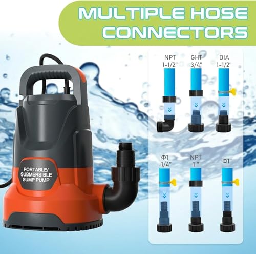 Image of Sump Pump 1HP Submersible Water Pump 3700GPH Electric Thermoplastic | Swimming Pool Draining Transfer Water From Hot Tub Basement Garden Ponds Low Water Level 16.4FT Power Cord Portable
