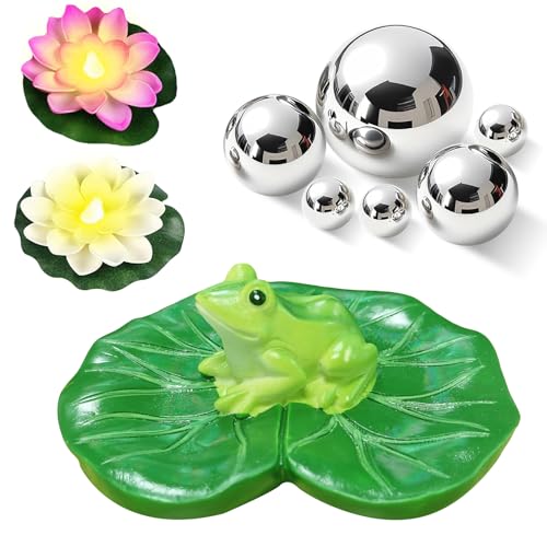TaimeiMao Schwimmende Teichdeko Miniteich Set 6 Schwimmkugeln Edelstahl + 2 Seerosen Künstlich + schwimmfrosch Deko Wasserspiel & Schwimmende Dekoration Für Brunnen Gartenteich Balkon Außenbereich
