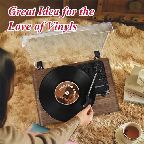 Image of Vinyl Record Player with Speakers,3 Speed Turntable with Bluetooth, Aux, Headphone Jack, RCA Output and Auto Stop,Mirror Vintage Wooden Walnut