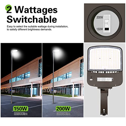 Hykolity 150W/200W Switchable Led Parking Lot Light, 150Lm/W Led Street Lighting With Dusk To Dawn Photocell [400W-600W Hps Equiv.] 5000K 100-277V, Commercial Adjustable Arm Mount Led Shoebox Light #TOP2