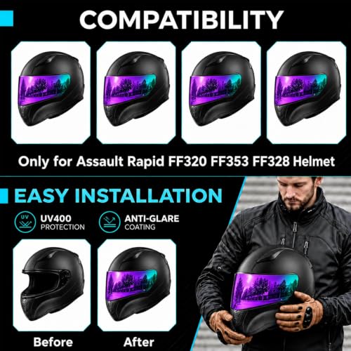 Image of PSLER Shatterproof Helmet Visor for Assault Rapid FF320 FF353,Deep Purple | Impact-Resistant ,UV400 Protection, Motorcycle Tinted Face Shield for Assault Rapid FF320 FF353 FF328 ,Visor Replacement