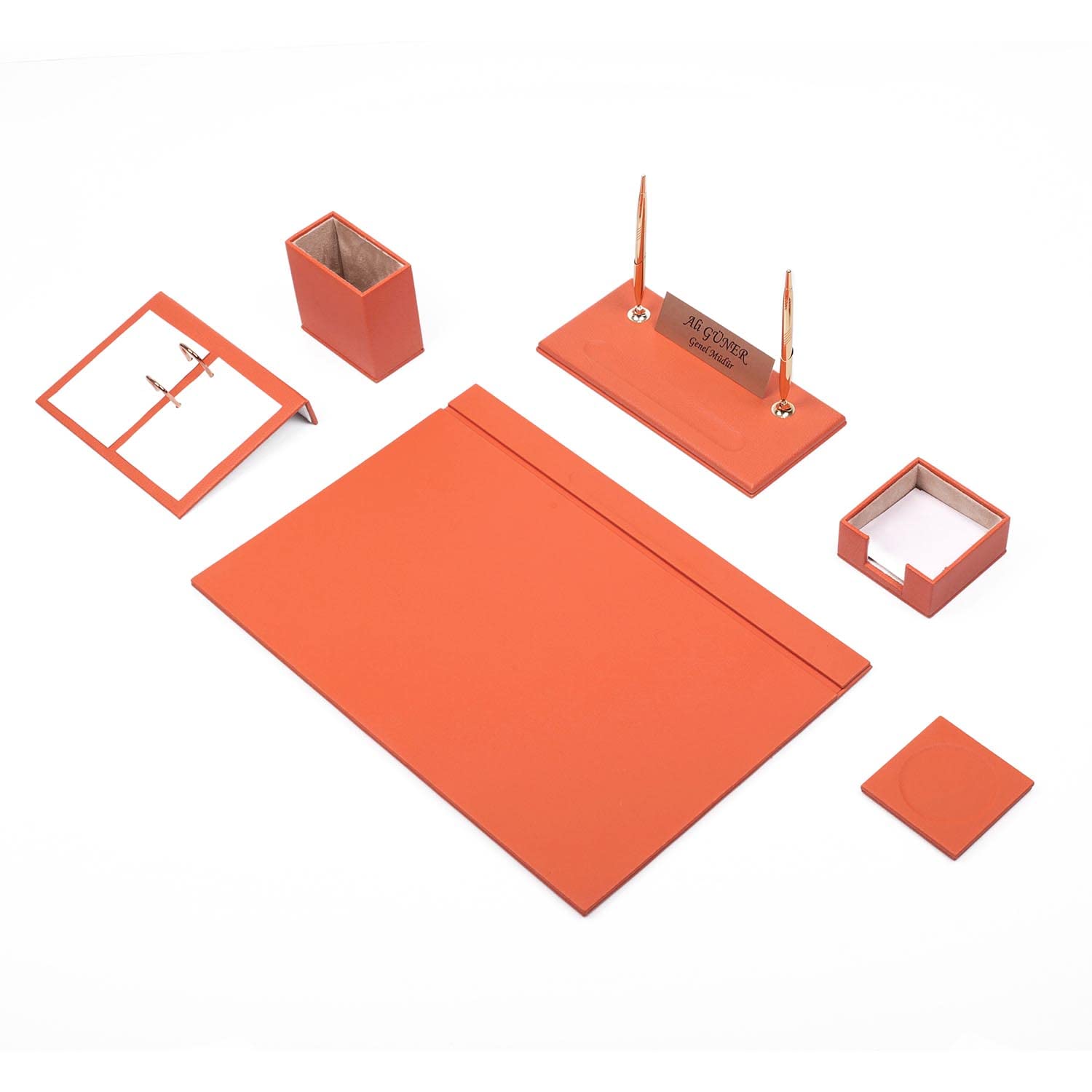 Set da scrivania in pelle bianca, supporto per banconote, porta penne, sottobicchiere in pelle, accessori da scrivania, accessori da scrivania, accessori da scrivania (Orange)