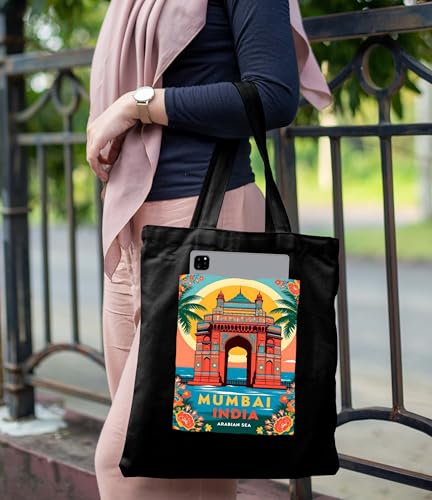 Image of ZORI Black Tote Bag With Pocket Printed Designed Canvas Tote Bags For Women large capacity,Tote bag For Shopping, College, Travel, More Canvas Handbag For Unisex Bag