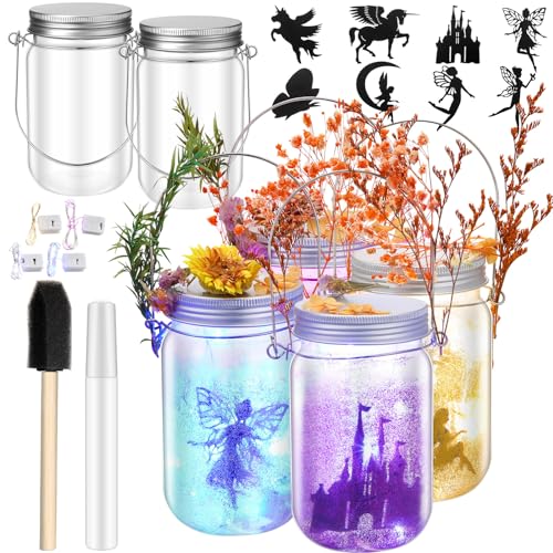 FoldTier 4 Sets Fairy Lantern Craft Kit, Birthday Gift for Girls, Mason Jar, Battery Operated Night Light String, DIY Fairy Decorations Art Project Garden Creative Activities Toys Crafts