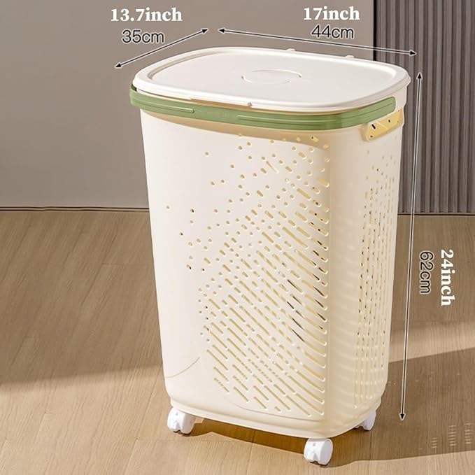 Cesto portabiancheria stretto con ruote e coperchio, design salvaspazio per camera da letto, posizionamento ad angolo ed elegante biancheria