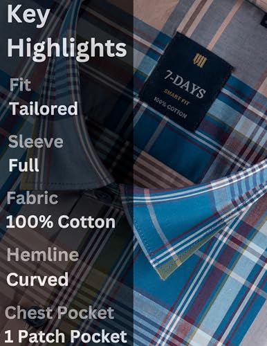 Image of 7-DAYS Men's Premium Check Shirt - 100% Cotton, Tailored Fit (Between Slim & Regular), Full Sleeve, with Pocket - Smart Office & Casual Look