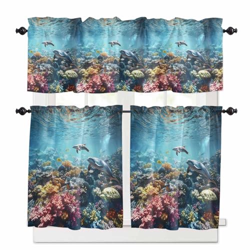Underwater Animals Kitchen Curtains 36 Inch Length, 3 Piece Rod Pocket Small Half Tiers and Valance Set, Turtle Shark Coral Coastal Fish Small Large Window Treatment Decor for Bedroom/Bathroom Sink