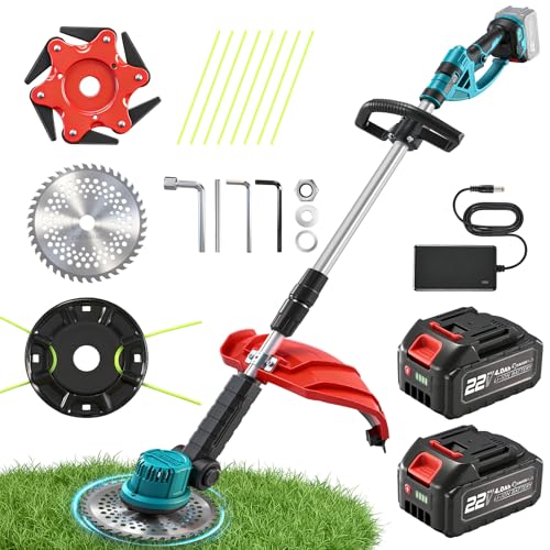 SakerPlus Wireless Weed Cutter 3-in-1 Brush Cutter/Lawn Mower/Edger with Dual 22V 4000mAh Batteries Brushless Weed Wacker Adjustable Pole Weed Eater Grass Trimmer for Yard Thick Weeds & Shrubs