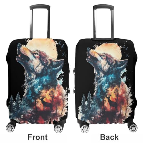 Watercolor Wolf Howling Sunset Forests Deers Luggage Covers Washable Travel Suitcase Cover Elastic Baggage Protector3