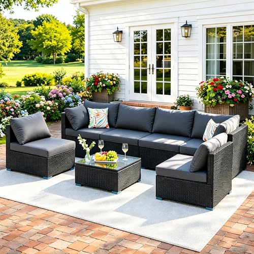 Image of 7 Piece Outdoor Sectional Outdoor Patio Furniture Set, Outdoor Patio Furniture Set with Coffee Table, Sectional Couch Sofa with Cushions, Wicker Outdoor Conversation Set for Backyard & Garden, Blue