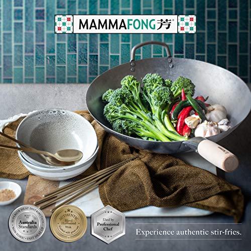 Mammafong Flat Bottom Carbon Steel Wok Pan - Authentic Hand Hammered Woks And Stir Fry Pans - 14" Pow Wok #TOP5