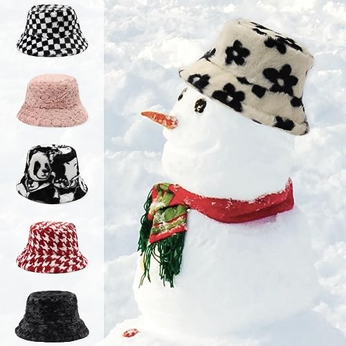 Image of Bucket Hat Women Furry Fuzzy Bucket Hats for Ladies, Winter Warm Fluffy Plush Faux Fur Hat for Women