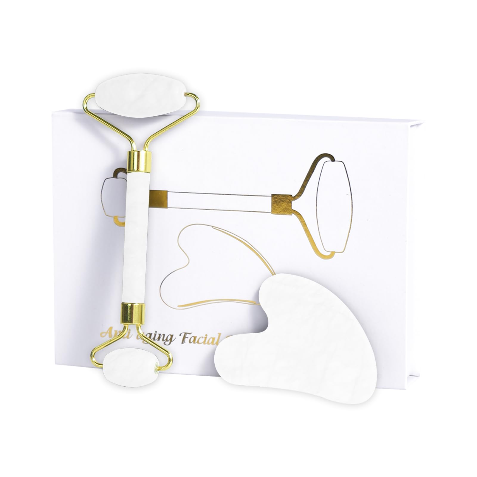 Photo 1 of [PARTIAL SET NO GUASHA STONE] [MINOR RUST] LSXKAMIX Jade Roller Gua Sha Tools - Nature Gua Sha Facial Tool Skin Tightening Face Massager Anti-Aging Jade Face Roller Puffiness Reducing Guasha Stone for Women Men (White)
