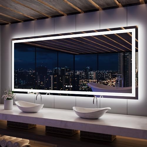 ISKM LED Mirror for Bathroom Lighted Vanity Mirror for Wall Front Lights + Backlit LED Bathroom Mirror Anti-Fog Tempered Glass ETL Listed (Front and Backlit, 84'' x 40'')